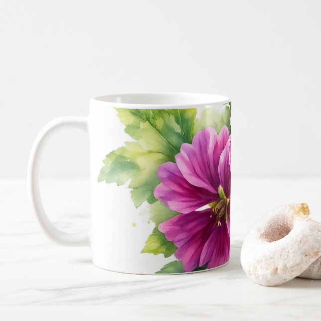 Purple Watercolor Flower Illustration  Coffee Mug (With Donut)