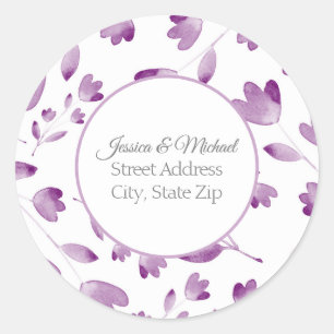 Purple Watercolor Flower Stems Pattern Classic Round Sticker
