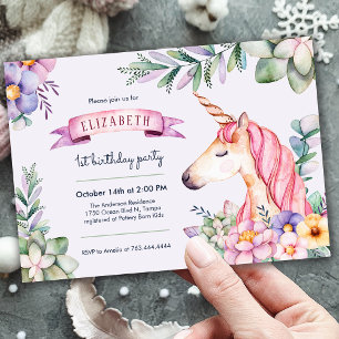 Purple Watercolor Flower Unicorn Girl Birthday Invitation