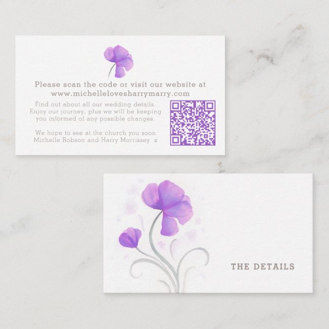 Purple watercolor flower wedding QR infomation Enclosure Card (Front/Back)