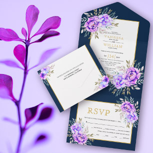 Purple watercolor flowers and leaves navy wedding all in one invitation