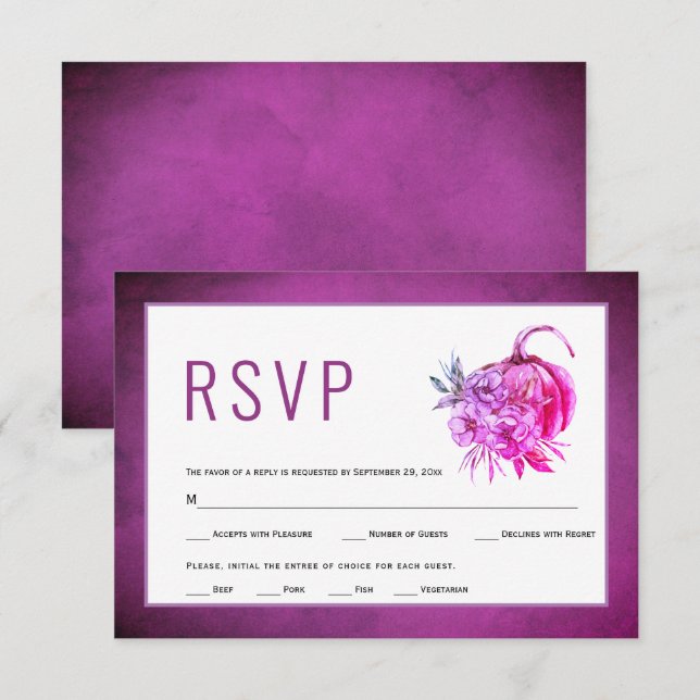 Purple watercolor flowers and pumpkin fall wedding RSVP card (Front/Back)