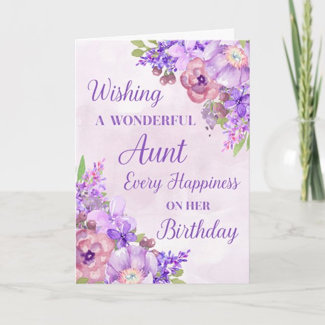 Purple Watercolor Flowers Aunt Birthday Card (Front)