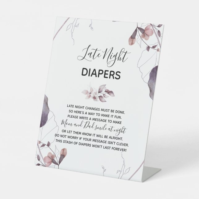 Purple Watercolor Flowers Baby Shower Diapers Sign (Front)