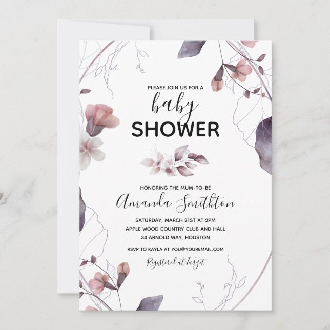 Purple Watercolor Flowers Baby Shower Invitation (Front)