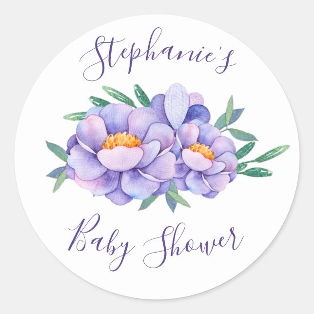 Purple Watercolor Flowers Baby Shower Personalised Classic Round Sticker (Front)