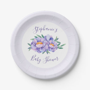 Purple Watercolor Flowers Baby Shower Personalised Paper Plate