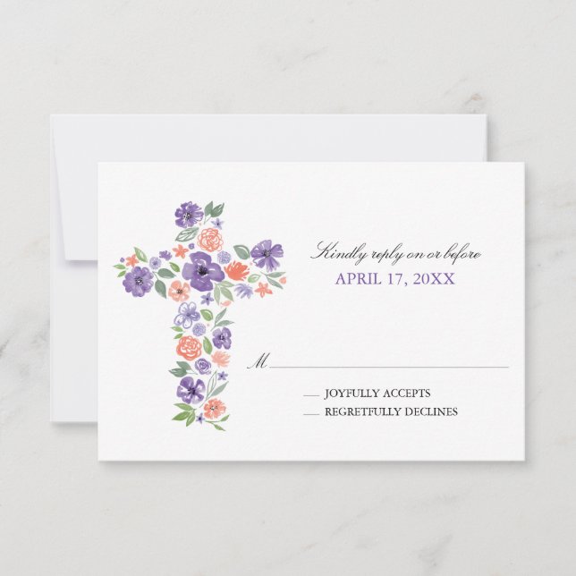 Purple Watercolor Flowers Cross First Communion Invitation (Front)
