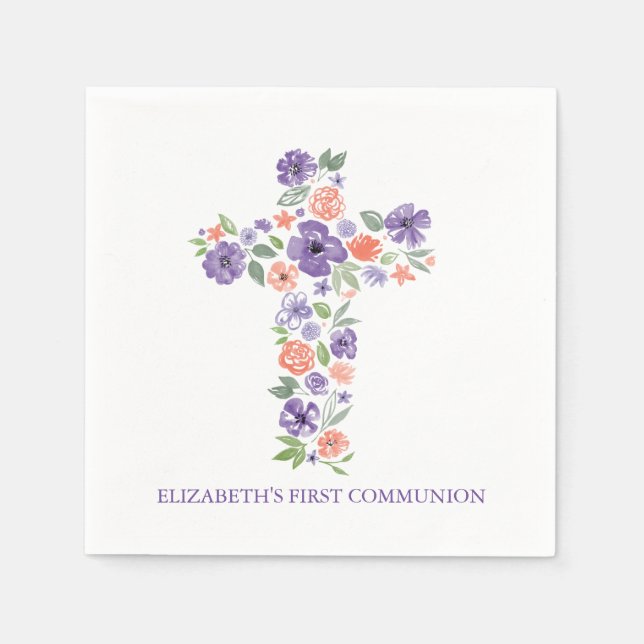 Purple Watercolor Flowers Cross First Communion Napkin (Front)