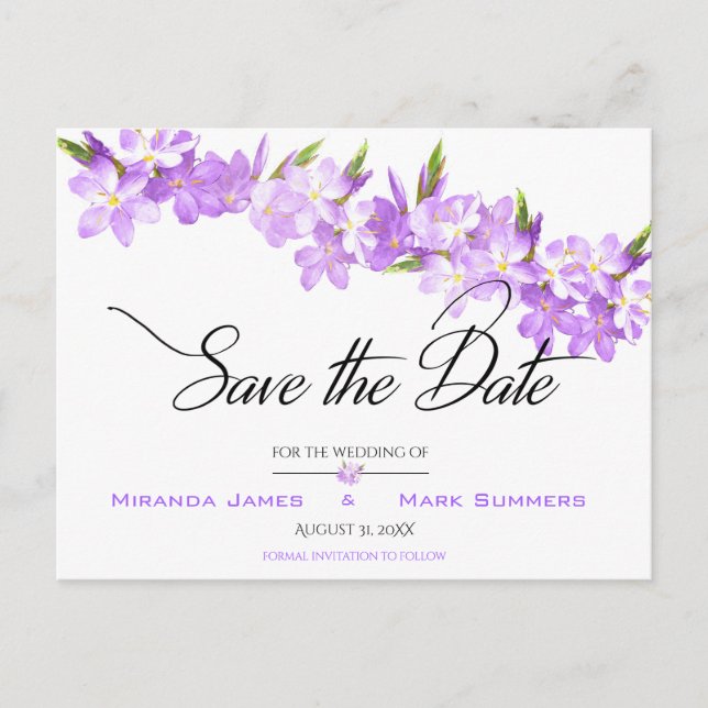 Purple Watercolor Flowers Elegant Save the Date Announcement Postcard (Front)
