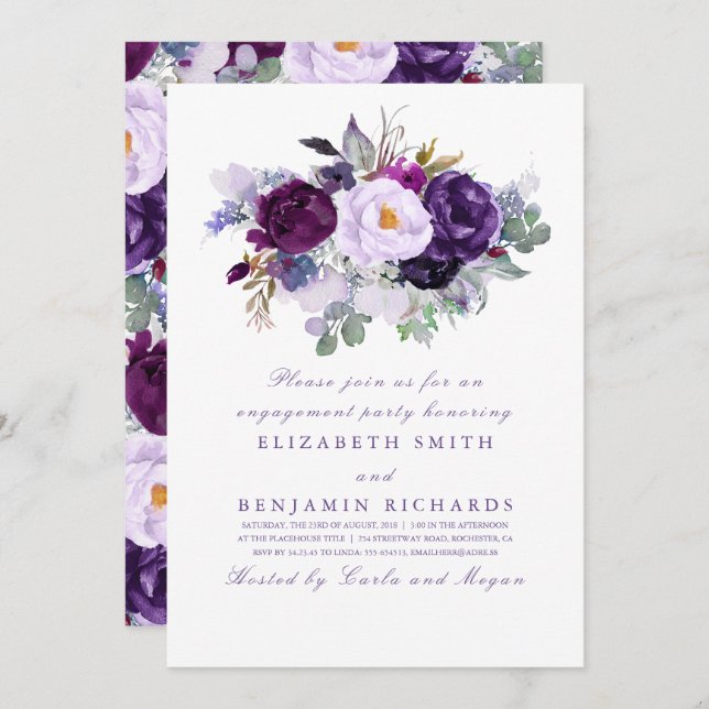 Purple Watercolor Flowers Engagement Party Invitation (Front/Back)