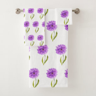 Purple Watercolor Flowers Floral Decor Feminine Bath Towel Set