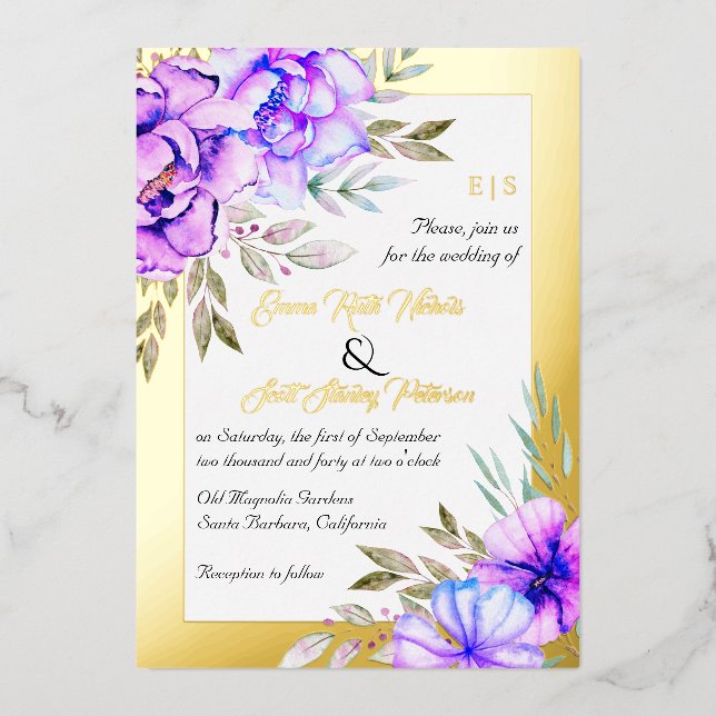 Purple watercolor flowers floral wedding gold foil (Front)