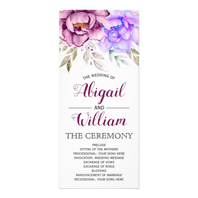 Purple watercolor flowers floral wedding program rack card (Front)