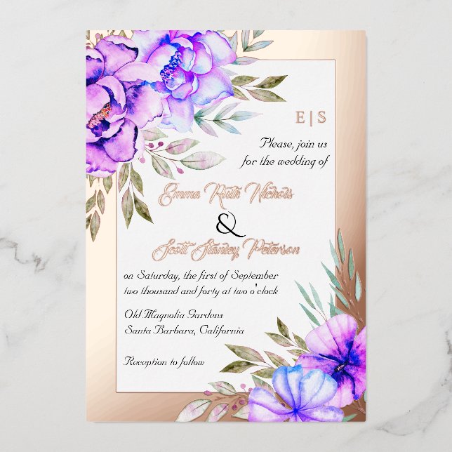 Purple watercolor flowers floral wedding rose gold (Front)
