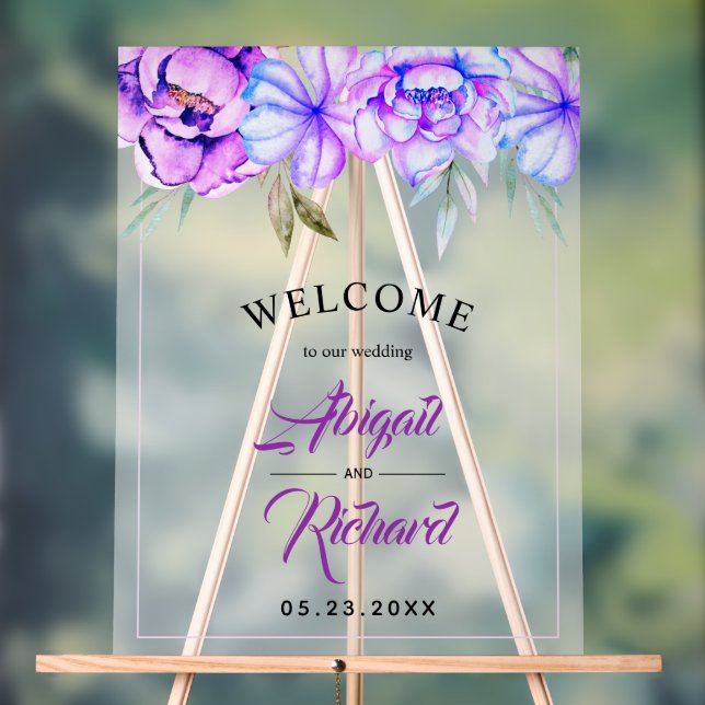 Purple watercolor flowers frosted wedding WELCOME Acrylic Sign (Neutral)