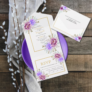 Purple watercolor flowers gold frame wedding all in one invitation