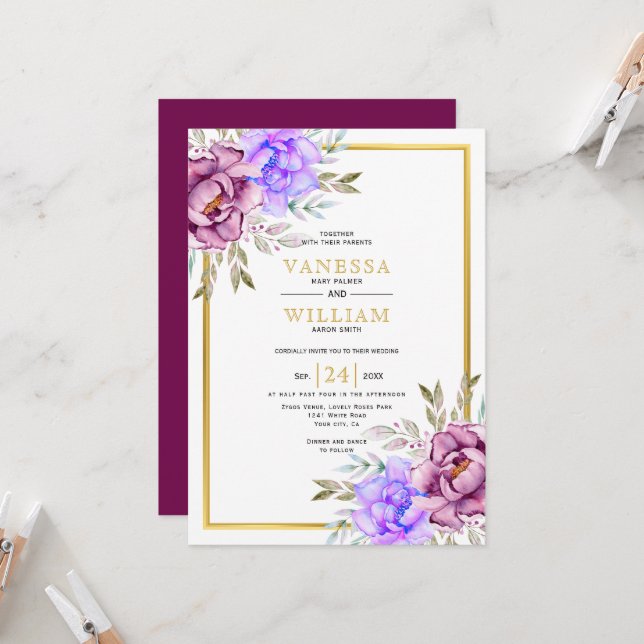 Purple watercolor flowers gold frame wedding invitation (Front/Back In Situ)