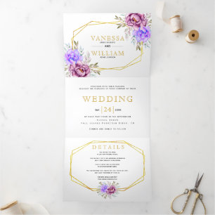 Purple watercolor flowers gold typography wedding  Tri-Fold invitation