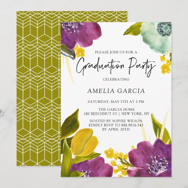 Purple Watercolor Flowers Graduation Party Invitation (Front/Back)