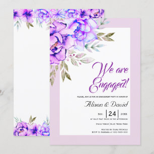 Purple watercolor flowers lilac engagement invitation