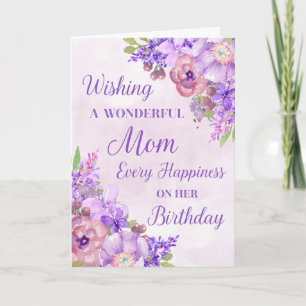 Purple Watercolor Flowers Mom Birthday Card