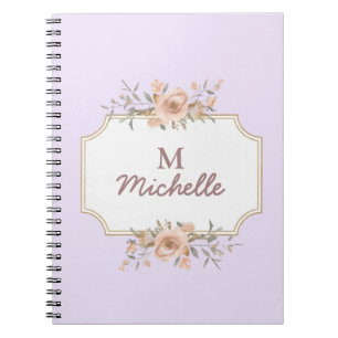 Purple Watercolor flowers Monogram Script Name     Notebook