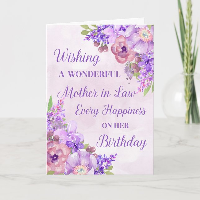 Purple Watercolor Flowers Mother in Law Birthday Card (Front)