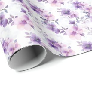Purple Watercolor Flowers on White Wrapping Paper