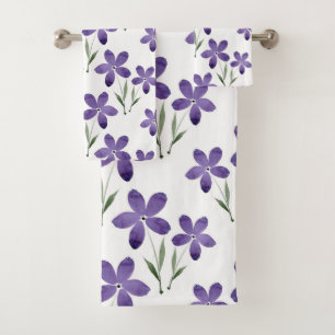 Purple Watercolor Flowers Pattern Bath Towel Set