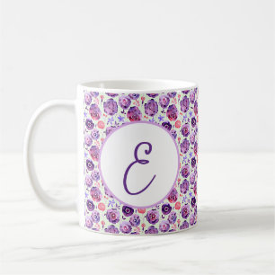 Purple watercolor flowers pattern monogram coffee mug