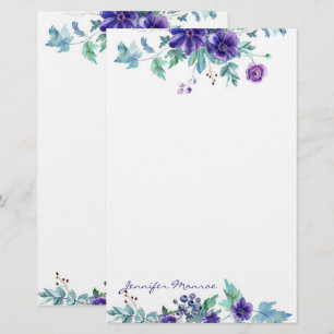 Purple watercolor flowers personalised stationery