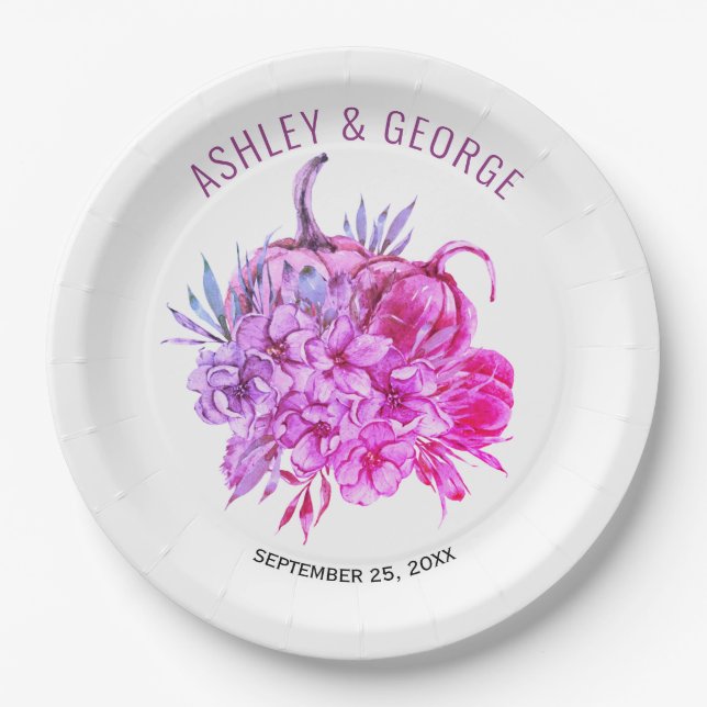 Purple watercolor flowers, pumpkins fall wedding paper plate (Front)