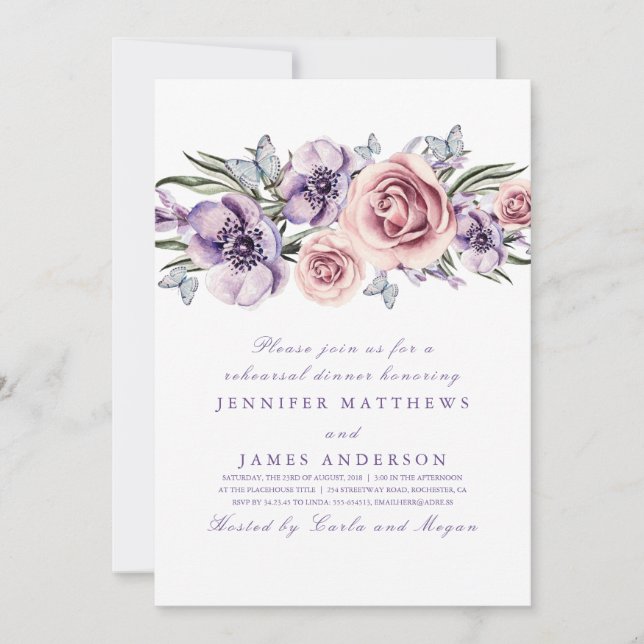 Purple Watercolor Flowers Rehearsal Dinner Card (Front)