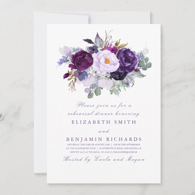 Purple Watercolor Flowers Rehearsal Dinner Invitation (Front)