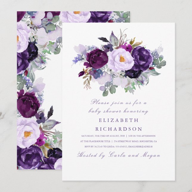 Purple Watercolor Flowers Romantic Baby Shower Invitation (Front/Back)