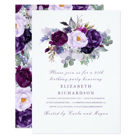 Purple Watercolor Flowers Romantic Birthday Party Card