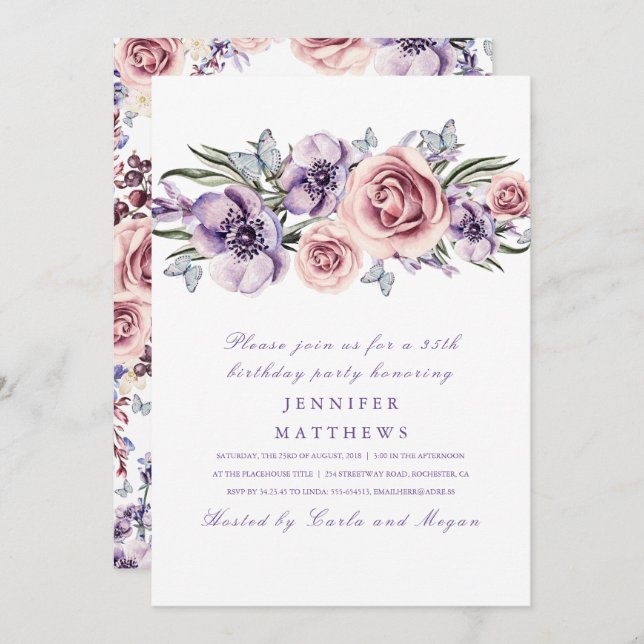 Purple Watercolor Flowers Romantic Birthday Party Invitation (Front/Back)