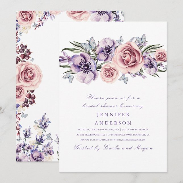 Purple Watercolor Flowers Romantic Bridal Shower Invitation (Front/Back)