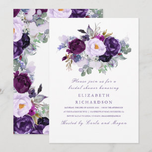 Purple Watercolor Flowers Romantic Bridal Shower Invitation