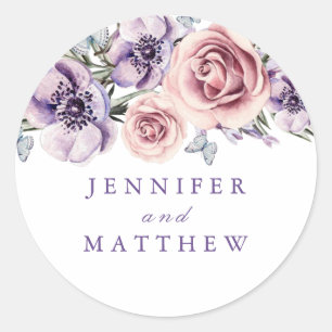 Purple Watercolor Flowers Romantic Classic Round Sticker