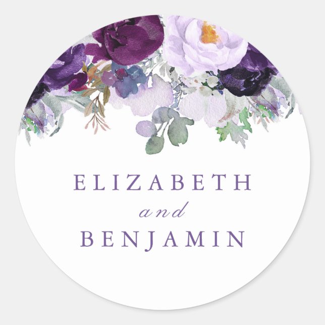 Purple Watercolor Flowers Romantic Classic Round Sticker (Front)