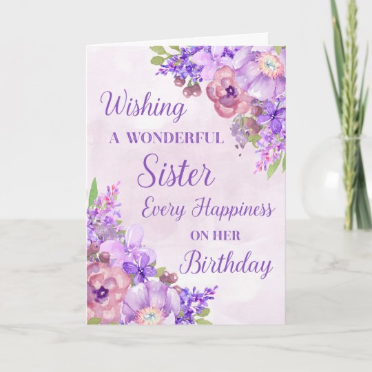 Purple Watercolor Flowers Sister Birthday Card Zazzle.co.uk