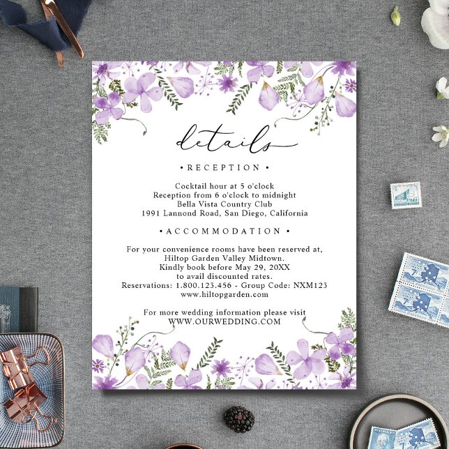 Purple Watercolor Flowers Wedding Details  Enclosure Card (Creator Uploaded)