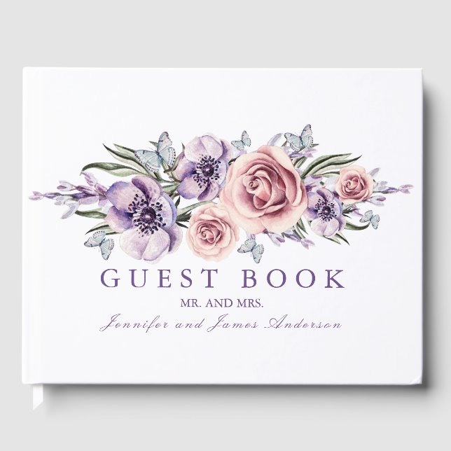 Purple Watercolor Flowers Wedding Guest Book (Front)
