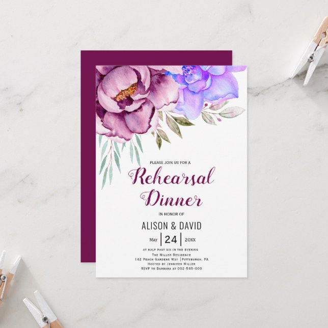 Purple watercolor flowers wedding rehearsal dinner invitation (Front/Back In Situ)