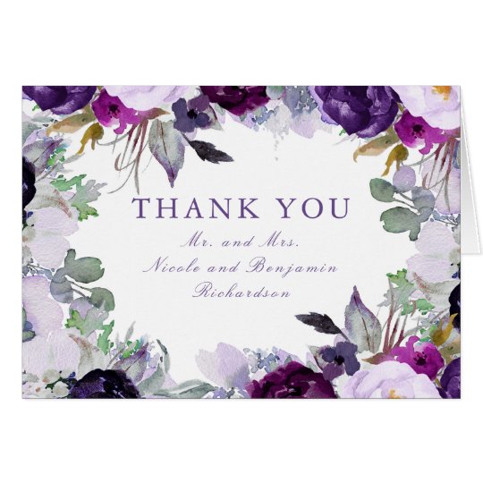 Purple Watercolor Flowers Wedding Thank You Card