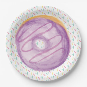 Purple Watercolor Frosted Doughnut and Sprinkles Paper Plate