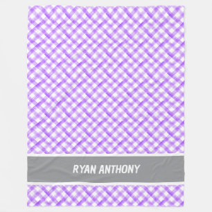 Purple Watercolor Gingham Plaid Chequered Name  Fleece Blanket