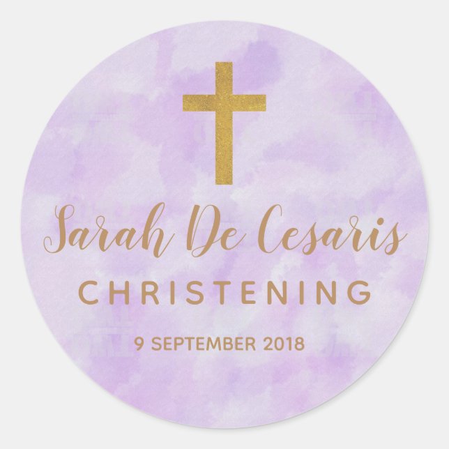 Purple Watercolor Gold Cross Christening sticker (Front)